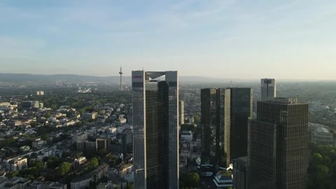 Drone flight through rooftop structure of Frankfurt office tower Stock Footage 331879356