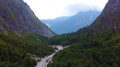 Drone Flight Through Valley from Eiskapelle Glacier to Königssee Lake Stock Footage 287114234
