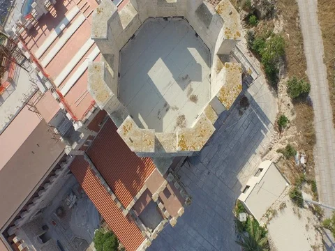 Drone Flight from the top of the castle tower to the ground  Stock Footage 72554288
