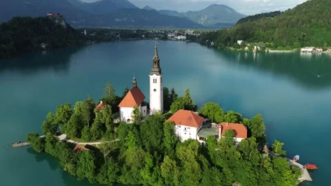 Drone Flight Toward Bled Island on Lake Bled, Slovenia Stock Footage 340620821
