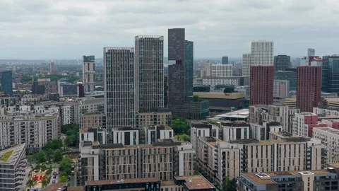 Drone flight toward Manhattan loft gardens towers and Stratford skyline Stock Footage 337010786