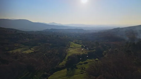 Drone Flight Toward Sunrise Over Rural Landscape in Extremadura - Spain Stock Footage 336565224