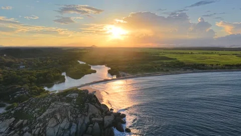 Drone Flight Toward Tropical Lagoon at Sunset Near Elephant Rock, Sri Lanka Stock Footage 339285968