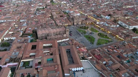 Drone flight towards Cuzco main square in the evening Stock Footage 273719596