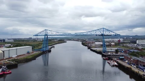 Drone Flight Towards River Tees Middlesbrough Transporter Bridge Stock Footage 196106221