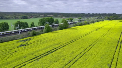 Drone flight towards train within beautiful countryside Stock Footage 190492830