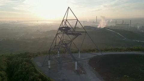 Drone Flight Towards Unique Architecture in Misty Morning Light Video stock 285386055