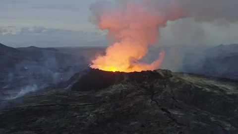 Drone Flight Towards Volcano Erupting With Smoke And Lava Stock Footage 168769328