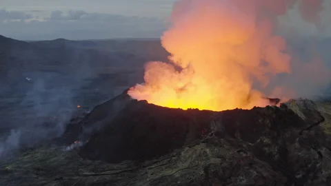 Drone Flight Towards Volcano Erupting With Smoke And Lava Stock Footage 168769366