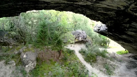 Drone flight under concrete arch of lost place bunker Weingut 1 Vídeos de archivo 250239334