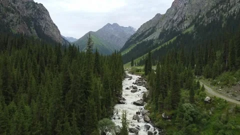 Drone Flight Upstream Over Rushing Mountain River. Kyrgyzstan, Karakol Stock Footage 332943421