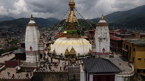 Drone flight with a view of Buddha's eyes in Swayambhunath. 4k footage. Stock Footage 247944817