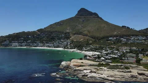 Drone flight with view of Clifton Beach and Lion's Head mountain Stock Footage 167773403