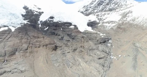 Drone flight view of high mountain pass with glaciers in Tibet Stock Footage 93055078