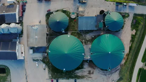 Drone flight view, over biogas production plant. Obtaining biogas, biomethane. Stock Footage 275855936