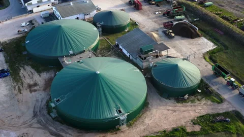 Drone flight view, over biogas production plant. Obtaining biogas, biomethane. Stock Footage 279671590