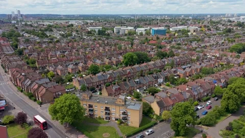 Drone flight from Walthamstow toward Tottenham over Victorian houses, Lloyd Stock Footage 336295144