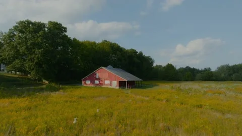 Drone Flowers Red Barn 2 Stock Footage 234634996
