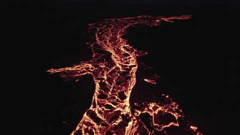 Drone Of Flowing Lava River From Erupting Volcano Stock Footage 168772147