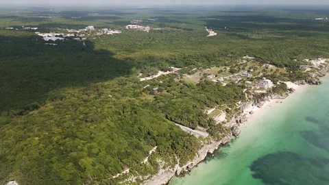 Drone fly above Maya ruins site in Mexico Tulum Caribbean Sea ocean Stock Footage 256090549