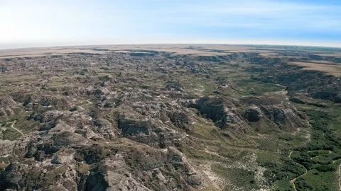 Drone fly above Valley of Drumheller Alberta Dinosaur Provincial park Stock Footage 233373953