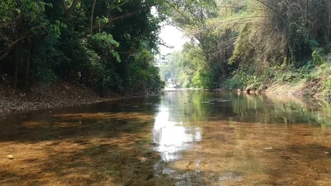 Drone fly above the water surface in a stream. Stock Footage 126654489