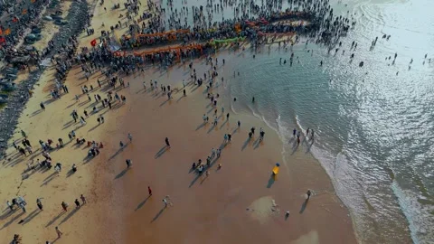 Drone Fly-in and Orbit Shot of Coastal Festival Procession Phuoc Hai Stock Footage 334329860