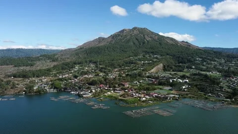 Drone fly around volcano and lake Bali Indonesia Stock Footage 159639828