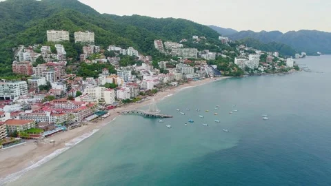 Drone Fly Away over Los Muertos Beach, Puerto Vallarta Stock Footage 254211437
