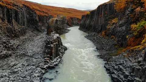 Drone fly back over canyon of black basalt columns, Iceland Stock Footage 119109436