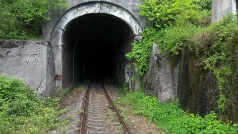 Drone fly into the dark old tunnel in green mountain. Railway track leading to Stock Footage 197525681