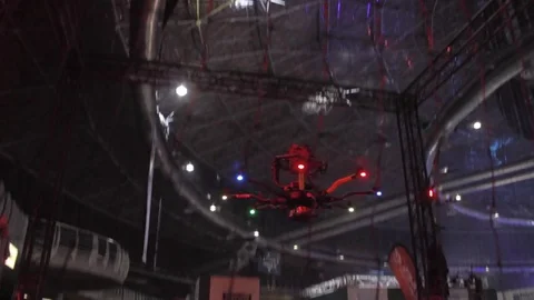 Drone fly demo at Trade show Stock Footage