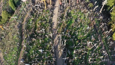 Drone fly down above Lithuanian iconic hill of crosses, aerial Stock Footage 117833714