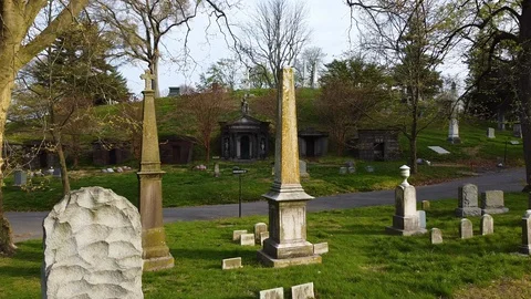 Drone fly to Gothic mausoleum graveyard Stock Footage 129274274