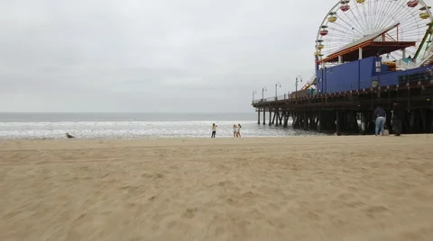 Drone Fly Out into Beach Santa Monica Pier Ferris Wheel Ocean Stock-Footage 67549536