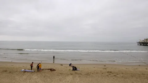 Drone Fly Out into Beach Santa Monica California Pacific Ocean Cloudy Stock-Footage 67550054