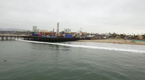 Drone Fly Out into Beach Santa Monica Pier Ferris Wheel California Ocean Stock-Footage 67550128