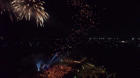 Drone fly out wide shot thousand lanterns2 with firework 4k 60fps Stock Footage 101008186