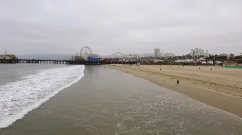 Drone Fly over Beach Santa Monica Pier Ferris Wheel California Ocean Stock-Footage 67550388