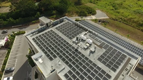 Drone fly over building with Solar panel farm Stock Footage 90000700