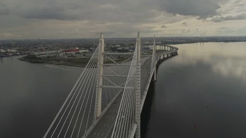 Drone fly over cable bridge in Saint-Petersburg, medium traffic Stock Footage 112013169