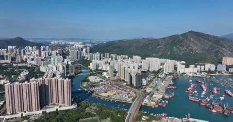 Drone fly over Hong Kong sea harbor bay in Tuen Mun Stock Footage 194288441
