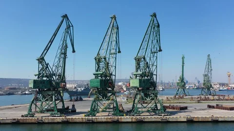 Drone fly over inactive cranes in closed COVID-19 port. Port structure 4K Stock Footage 128398195