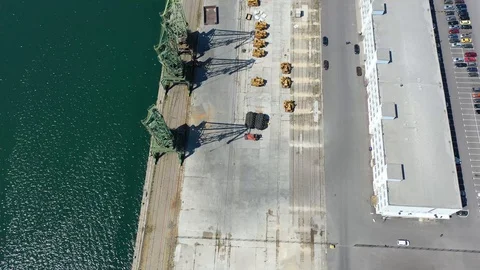 Drone fly over inactive cranes in closed COVID-19 port. Port structure 4K Stock Footage 128398205