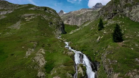 Drone fly over the mountains, river and waterfalls of French Alps, France. Stock Footage 130912473