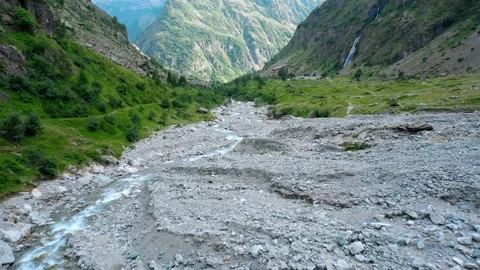 Drone fly over the mountains, river and waterfalls of French Alps, France. Stock Footage 130912639