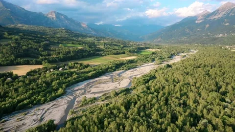 Drone fly over the mountains, river and waterfalls of French Alps, France. Stock Footage 130912669