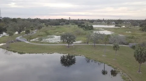 Drone Fly over Park With Pond - Man Walking Stock Footage 104482701