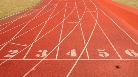 Drone fly over red  stadium running track with line 스톡 동영상 87312929