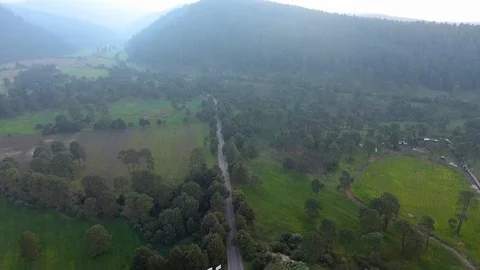 Drone fly over a road in the forest of The Ajusco with road restaurant Stock Footage 96671075